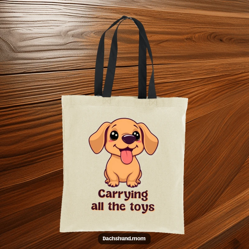 Funny kawaii dachshund with tongue out, panting happily after a game, on a reusable tote bag.
