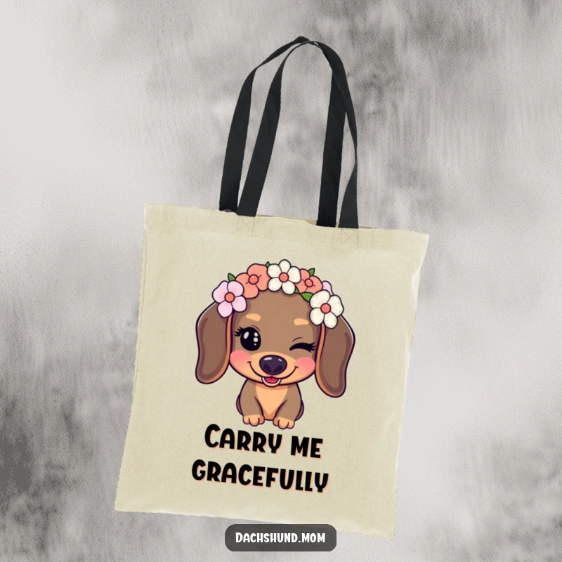 Funny Kawaii Dachshund Tote Bag with a dog wearing a flower crown and giving a playful wink, a stylish and functional gift.