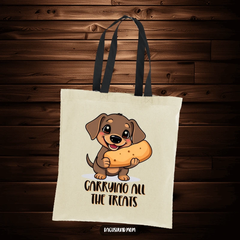 Funny Kawaii Dachshund Tote Bag: a goofy dachshund with a wide grin holds a comically large treat, showcasing a delightful, humorous design.