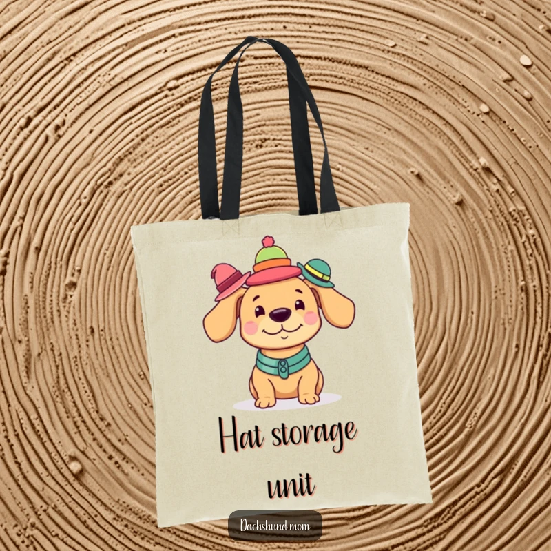 Funny Kawaii Dachshund Tote Bag featuring a cute dog balancing a tall, colorful stack of miniature hats.