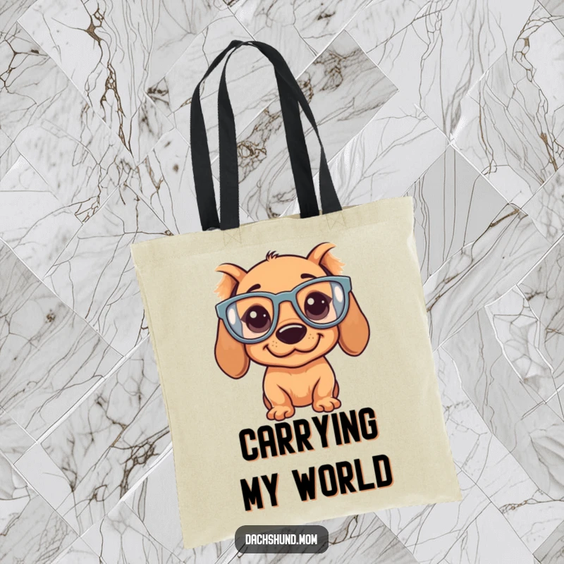 Funny Kawaii Dachshund Tote Bag: A stylish bag showing a silly dachshund with oversized glasses, perfect for errands.