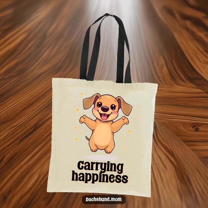 Funny Kawaii Dachshund Tote Bag with a dog jumping with pure delight, surrounded by glittering sparkles, a functional gift.