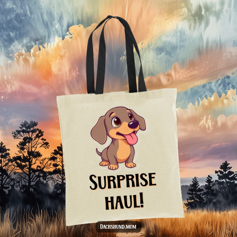 Funny Dachshund Tote Bag: A cute wiener dog looking shocked with its tongue lolling out, perfect for carrying your goods.