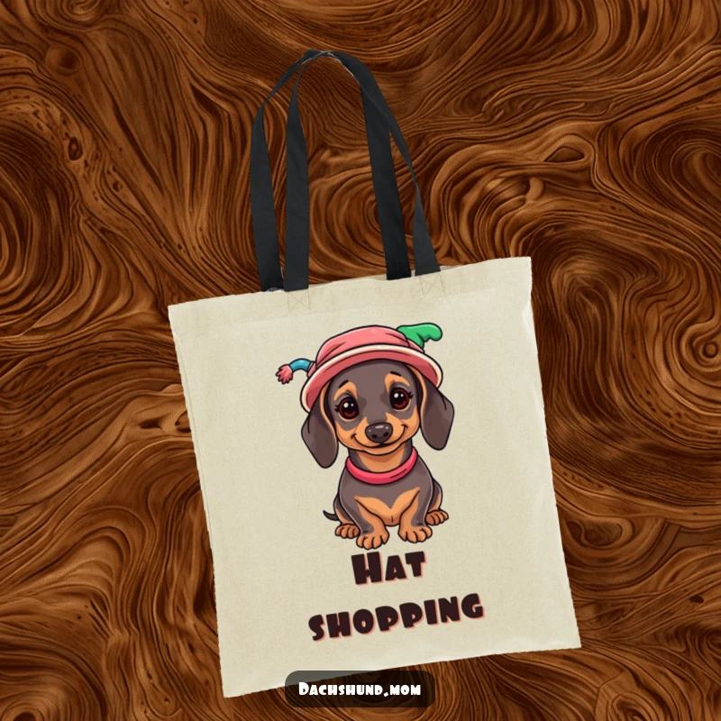 Funny Dachshund Tote Bag: A chic tote bag with a wiener dog wearing a jumble of colorful, mismatched hats.