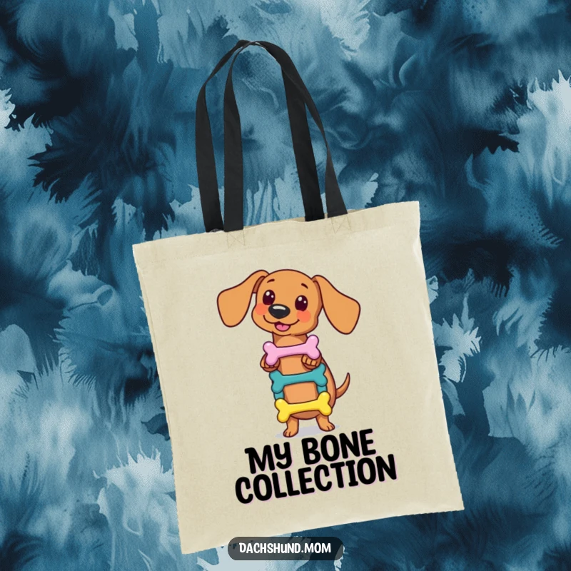 Funny kawaii dachshund tote bag, skillfully balancing a small stack of colorful bones, a humorous and practical accessory for dog lovers.