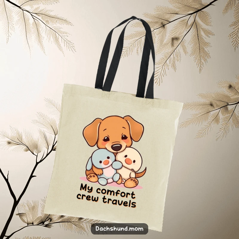 Funny Kawaii Dachshund Tote Bag, a cute dog holding a plush toy, ideal for carrying items with a heartwarming theme.