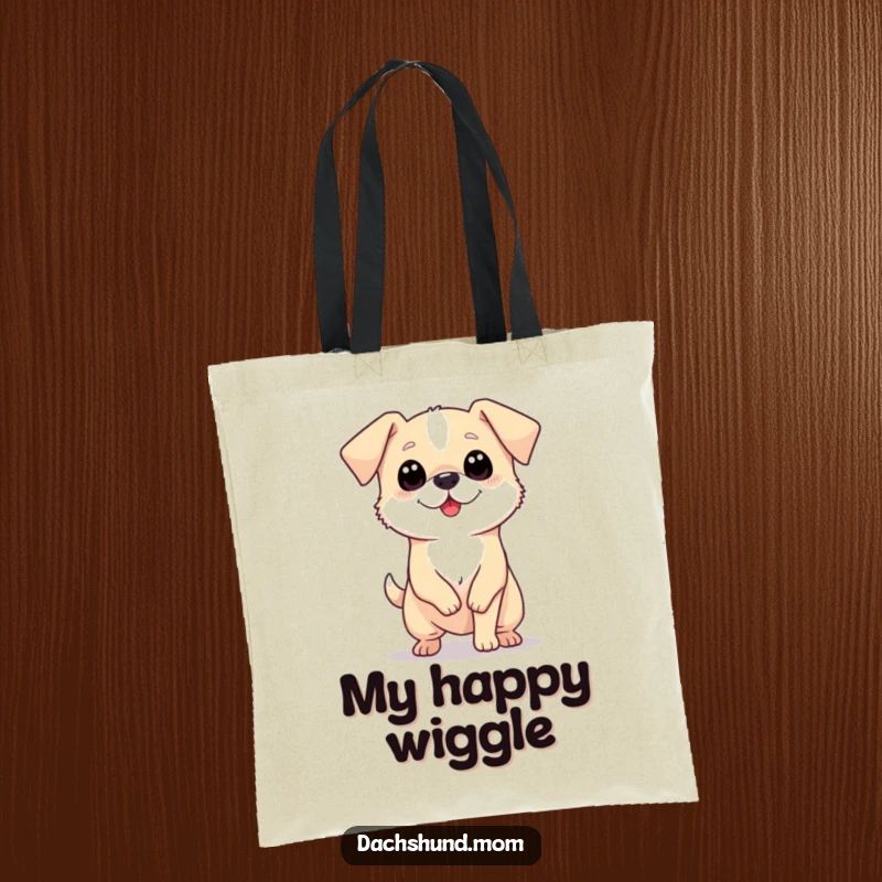 Funny tote bag with a tiny, long dog with big eyes wiggling enthusiastically, ready for any adventure.