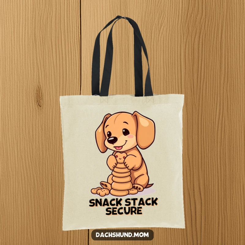 Funny Dachshund Biscuits Tote Bag: A Dachshund cub balances many tiny dog biscuits. Humorous and practical.