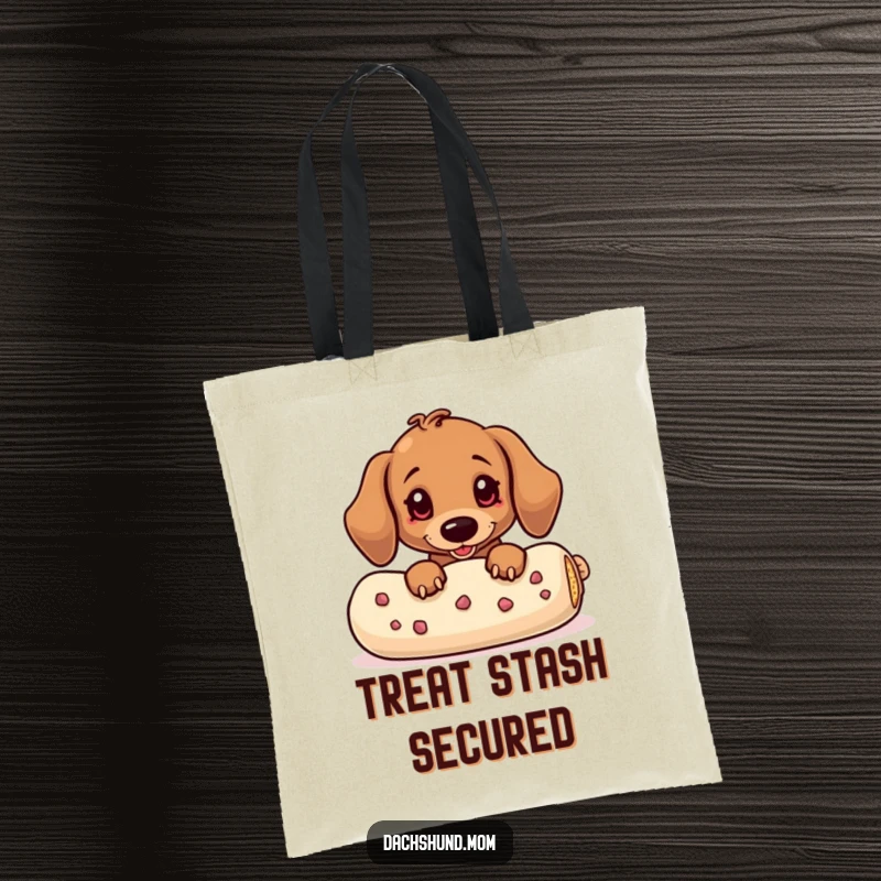 Funny Dachshund Tote Bag: A charming kawaii dachshund peeking from behind a large treat, embodying playful anticipation.