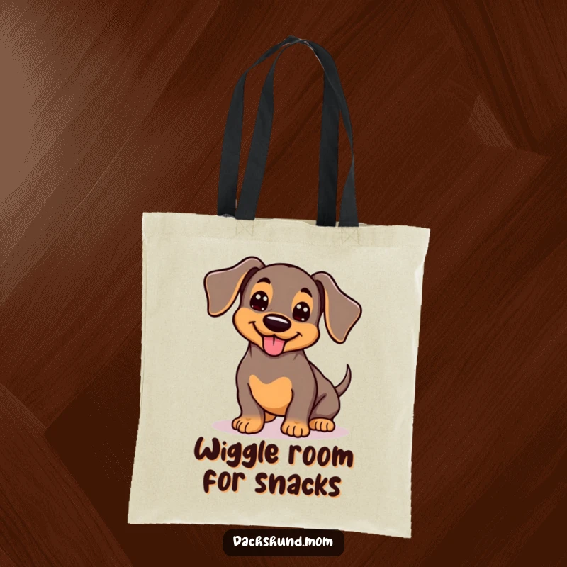 Funny Kawaii Dachshund Tote Bag: Adorable wiggling dog with wagging tail, cute pet accessory, joyful shopper.